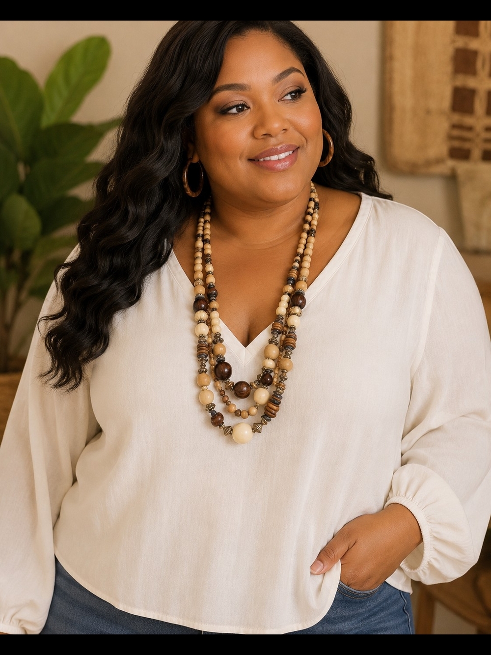 Layered Wooden Bead Necklace - Neutral Brown